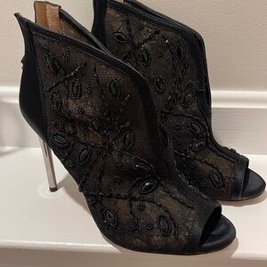 Max Azria black booties with silver heel